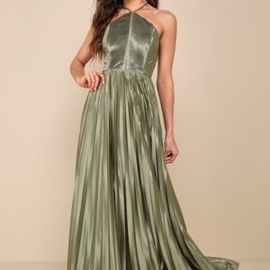Lulus Elaborate Charm Olive Green Satin Pleated Backless Maxi Dress - Size L